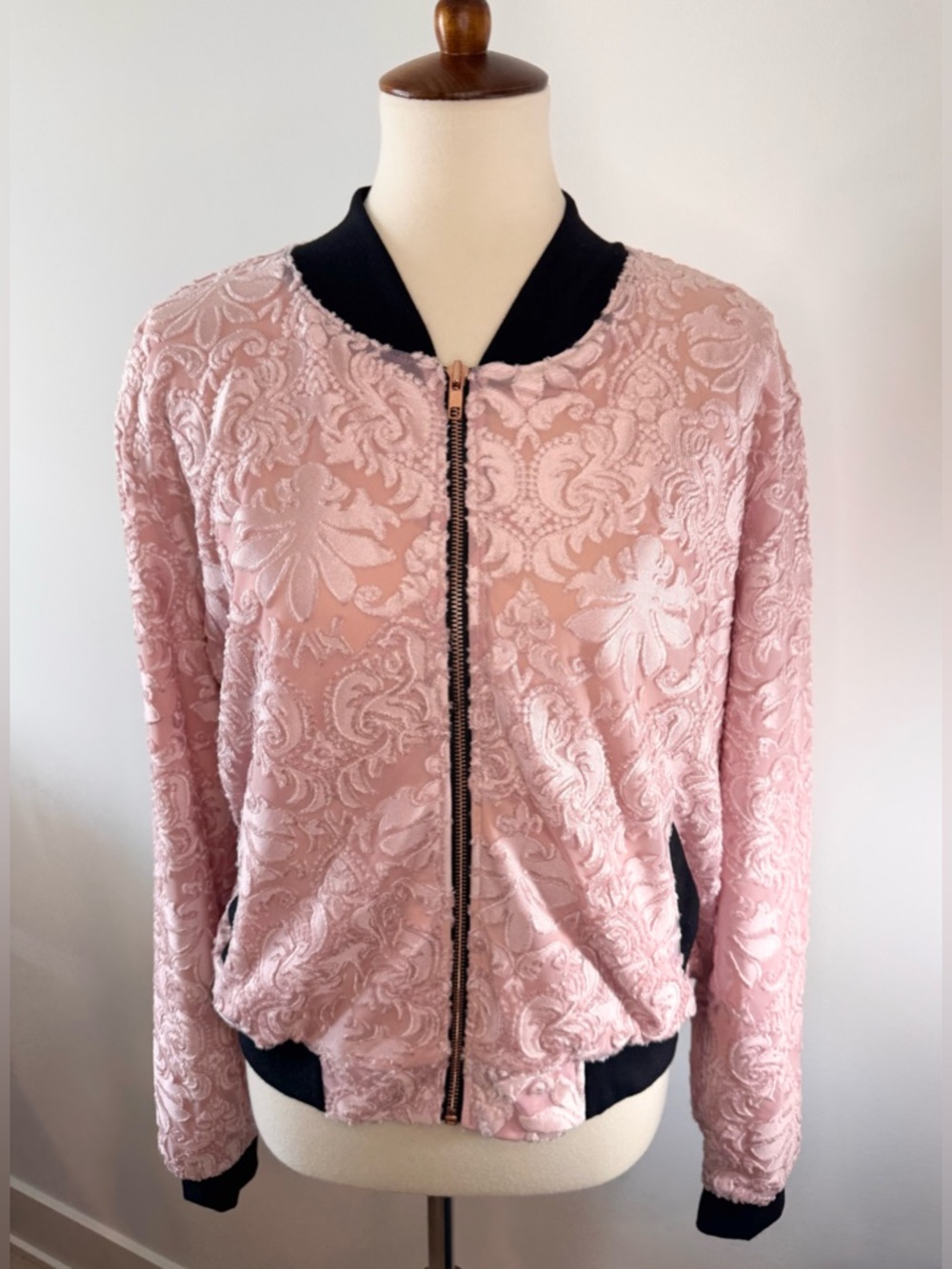 RARE LuLaRoe Pink Lace Bomber Jacket with Black Trim Ladies L (14/16) NEW!